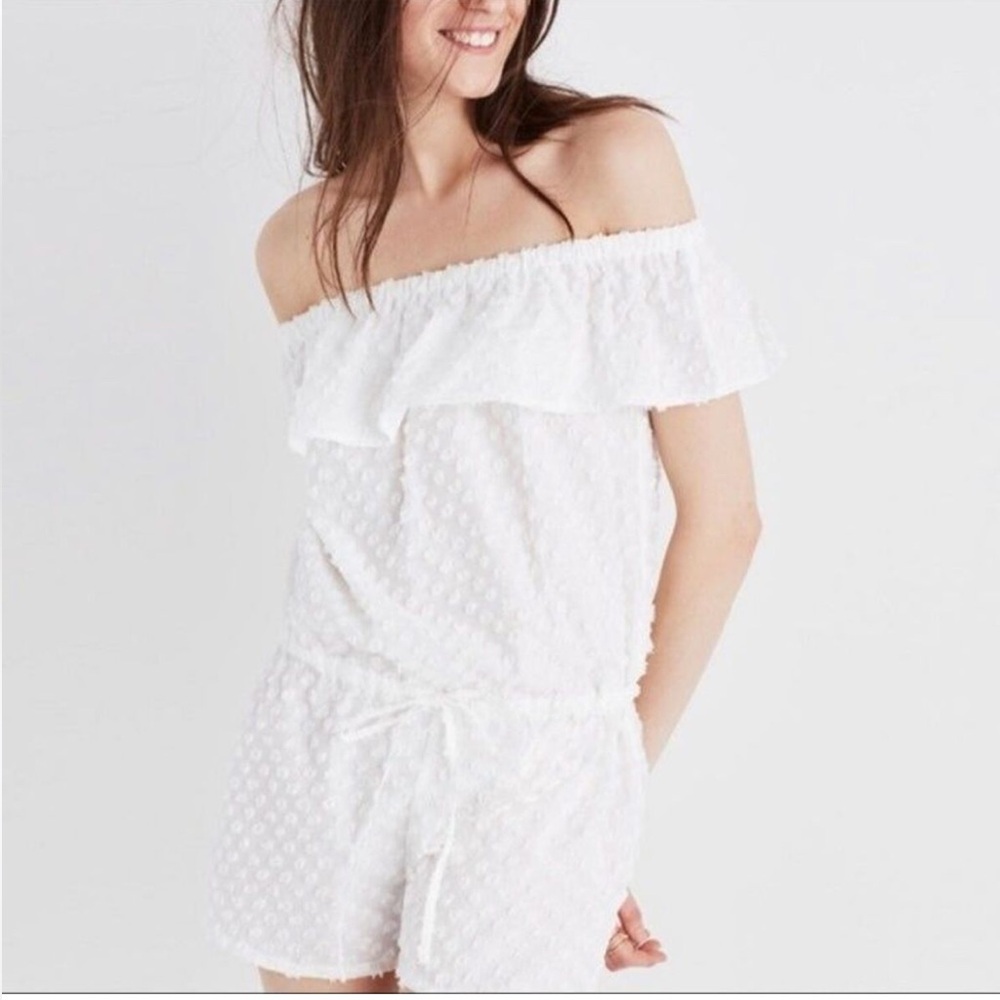 Madewell XXS White Swiss Dot Off Shoulder Ruffle Drawstring Waist Romper